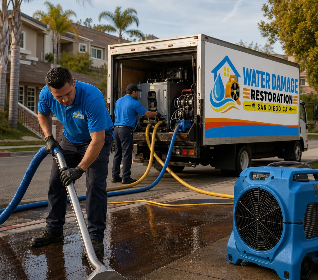 Technicians extracting water from a San Diego home with truck-mounted extraction equipment, hoses, and air movers