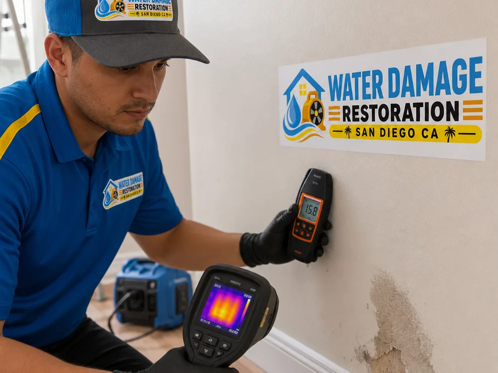 Technician using a moisture meter and thermal camera on a wall and baseboard to identify wet areas