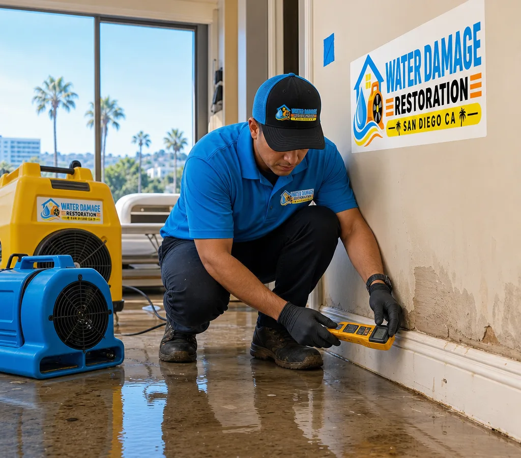Technician in protective gear inspecting water-damaged drywall and baseboards in a San Diego home with a moisture meter and drying equipment nearby
