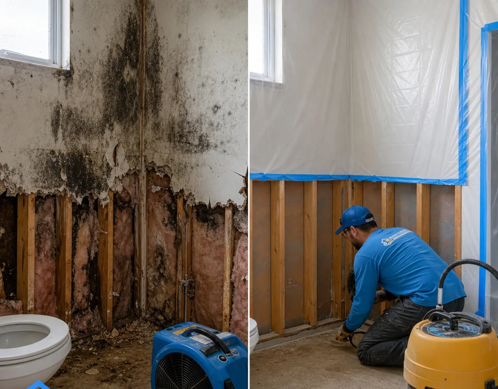 Bathroom wall opened to remove mold-affected drywall and insulation, followed by cleaned framing within containment