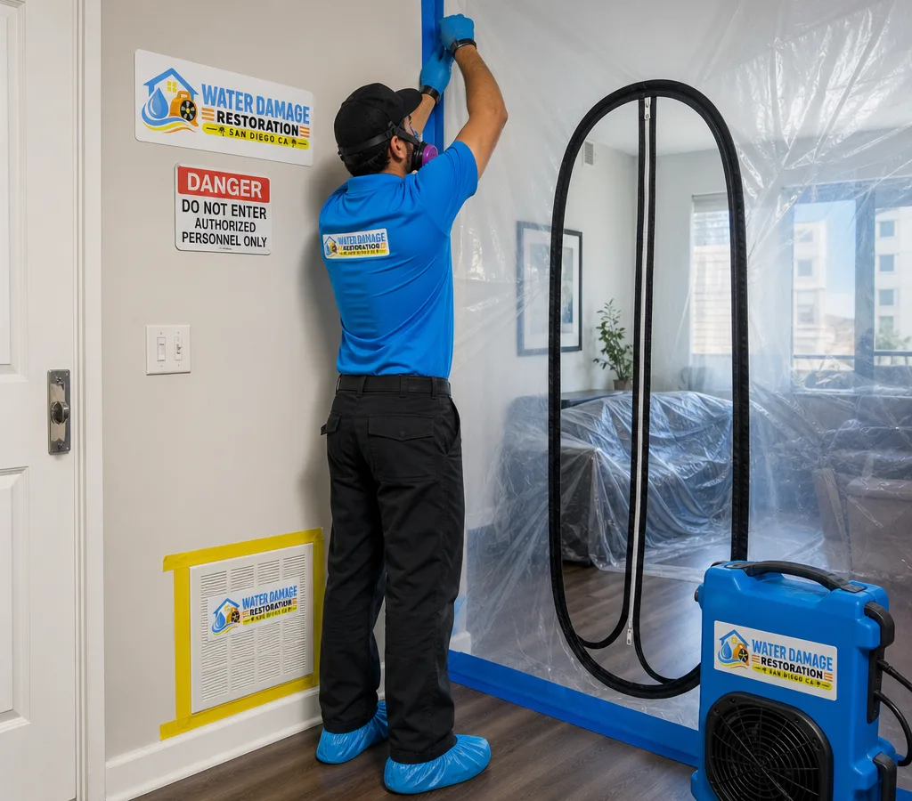 Technician in PPE setting up plastic containment with a zipper door and negative air machine in a San Diego home