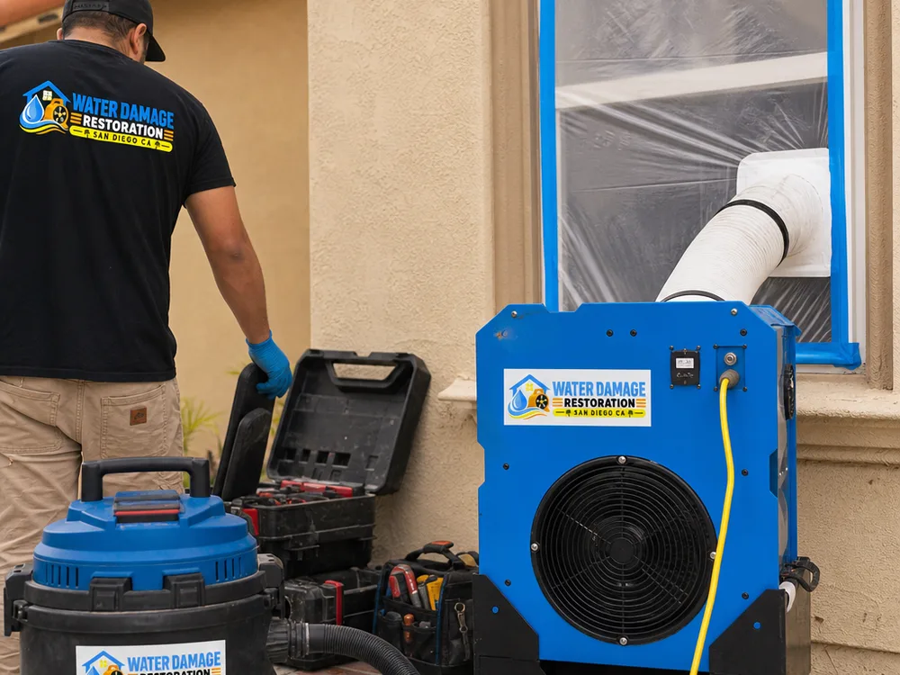 Negative air machine ducted through a sealed window beside a HEPA vacuum and containment barrier