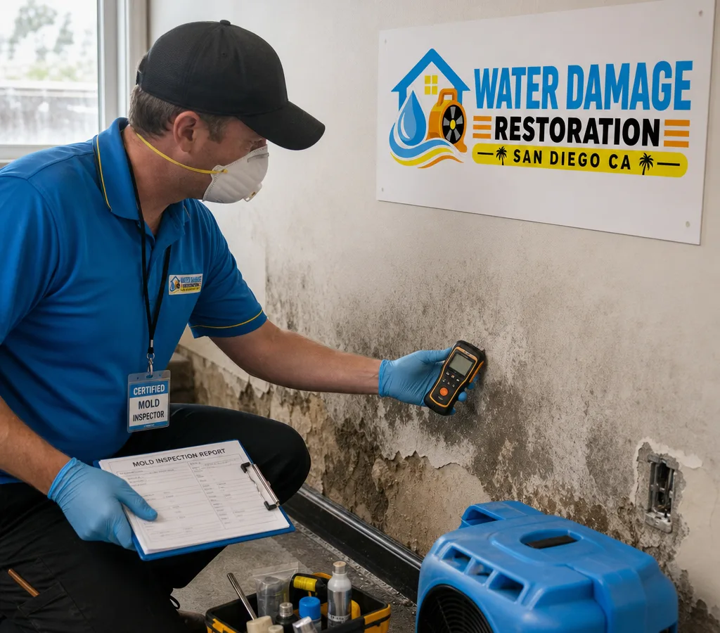 Certified mold inspector using a moisture meter at a residential wall in San Diego with sampling tools and a clipboard