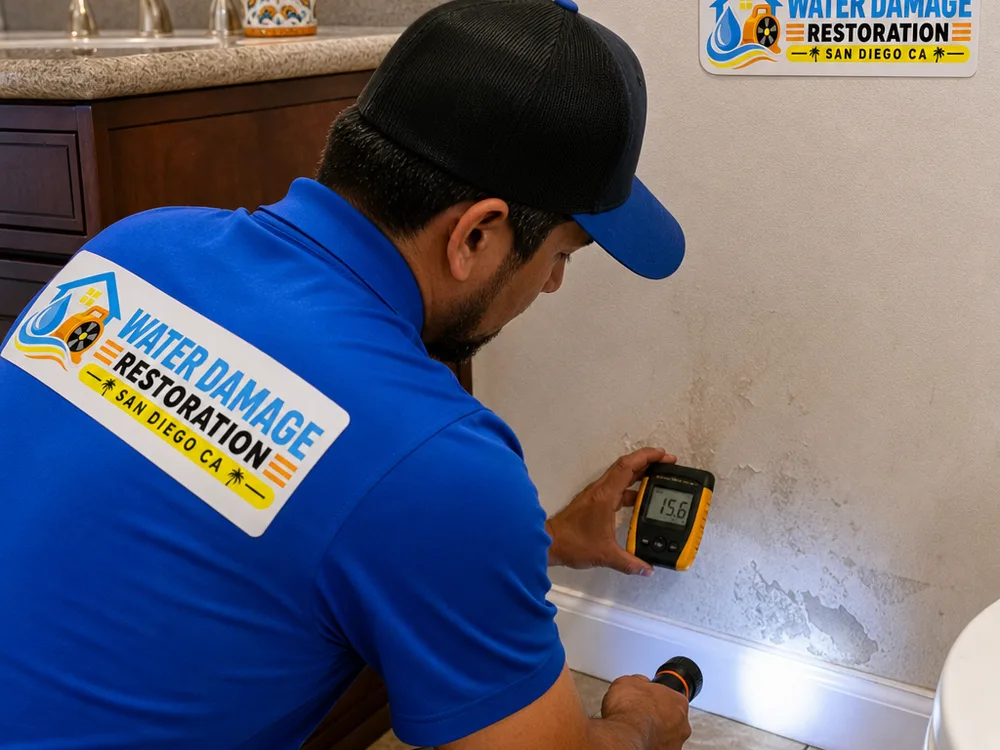 Mold inspector checking drywall and baseboard moisture near a bathroom vanity with a meter and flashlight