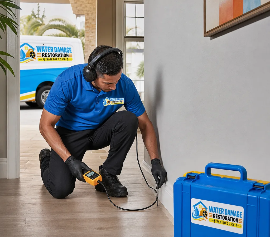 Technician in a San Diego home using acoustic listening equipment and a moisture meter at a wall and floor transition to locate a hidden water leak