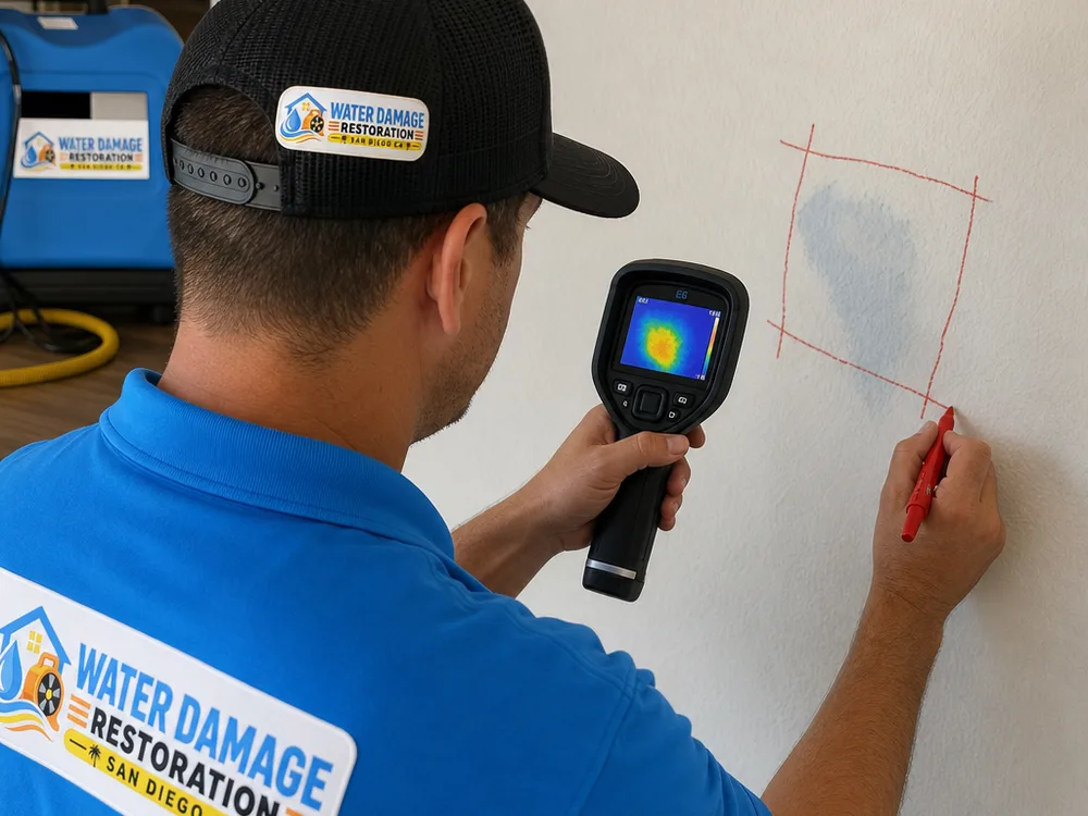 Thermal imaging camera highlighting a cool moisture signature on drywall while a technician marks the likely leak area for minimal opening