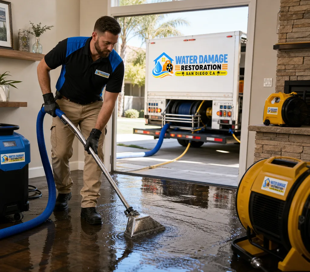 Technician extracting standing water from a flooded San Diego home interior with a truck-mounted extractor and hoses, with drying equipment staged nearby