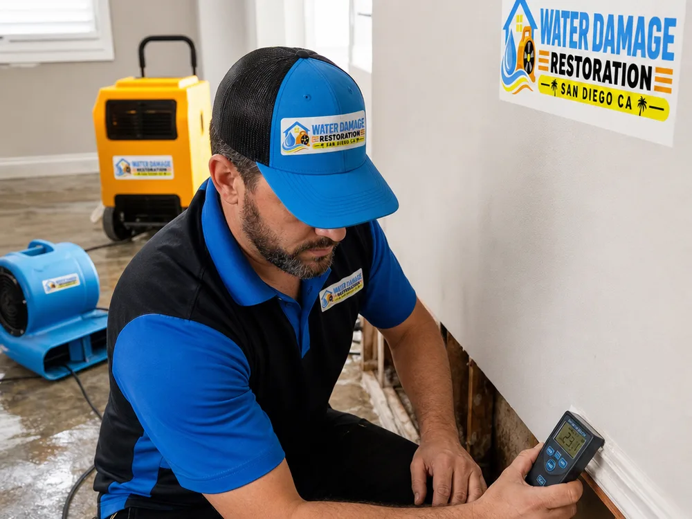 Close-up of a technician taking moisture meter readings on drywall and baseboards in a flooded room, with air movers and a dehumidifier running in the background