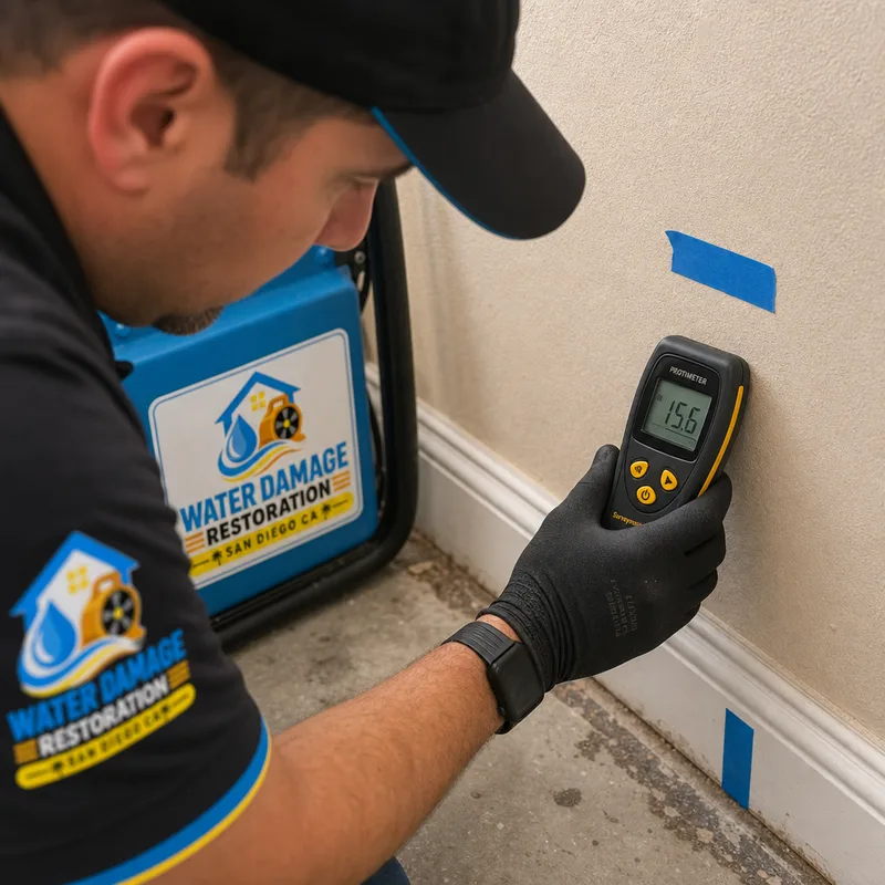 Technician taking moisture readings on drywall and a baseboard with blue painter's tape marking measurement points