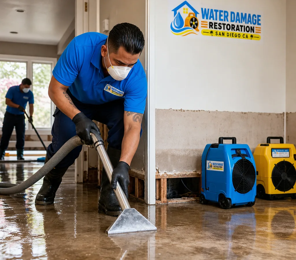 Restoration technicians in protective gear extracting standing water inside a San Diego home with a visible flood line and neatly staged equipment