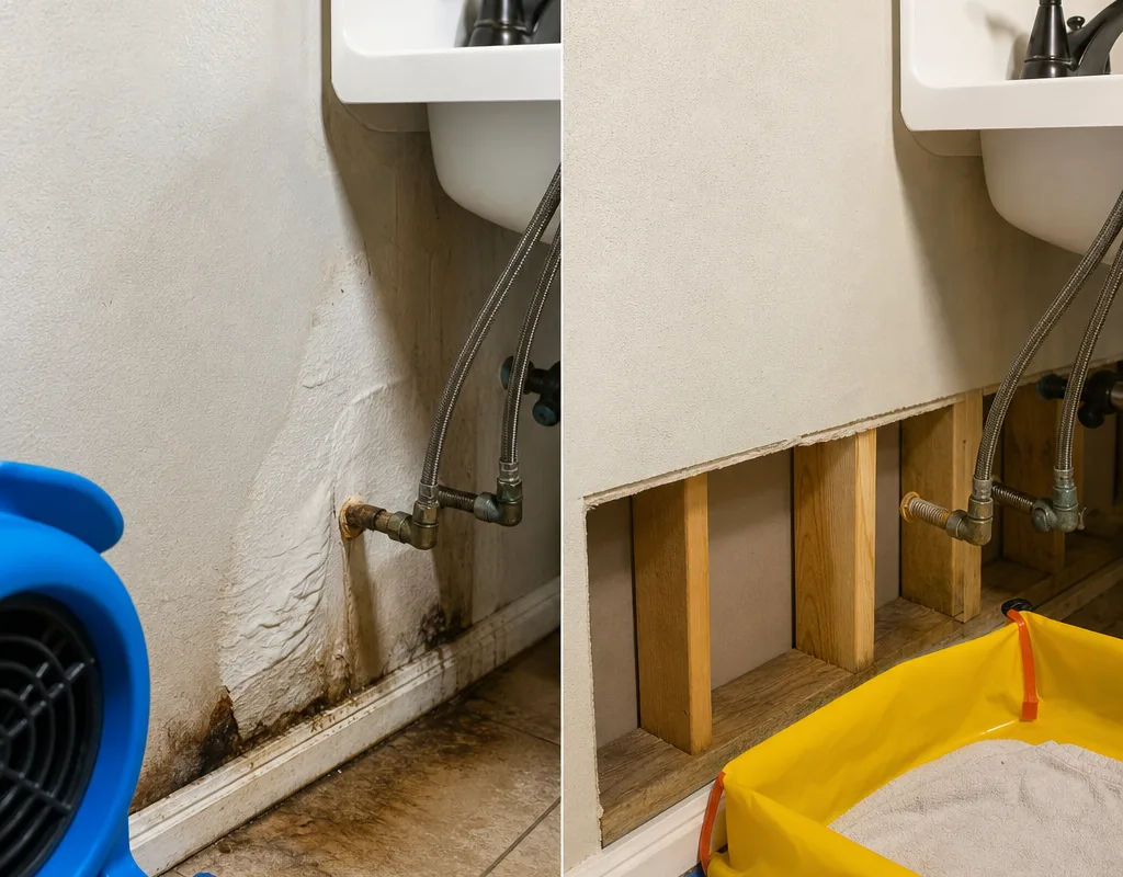 Before-and-after view of a bathroom supply-line leak area before cleanup and after targeted drying and preparation for repair