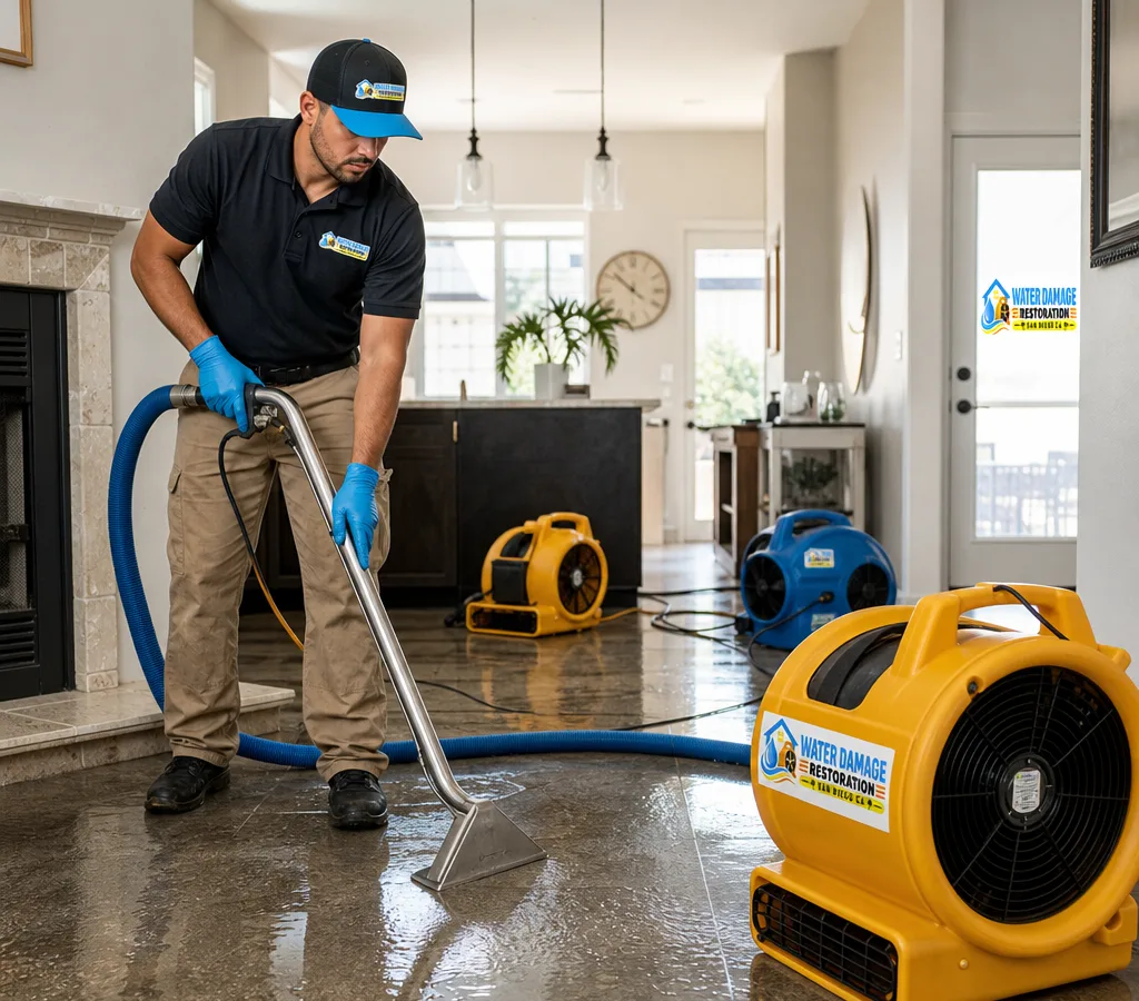 Technician extracting standing water from a San Diego home with a portable extractor and air movers
