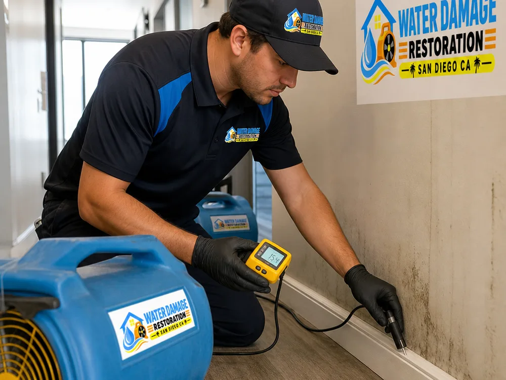 Technician taking moisture readings along baseboards and drywall in a San Diego condo hallway with air movers positioned for directional airflow