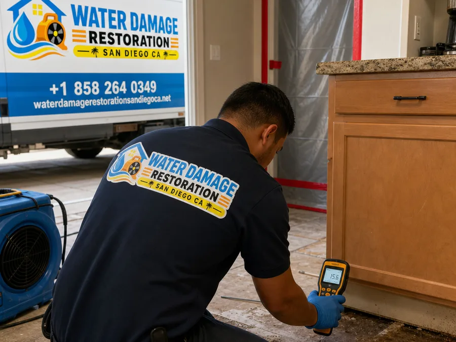 Technician monitoring moisture in subflooring near a kitchen cabinet after a leak