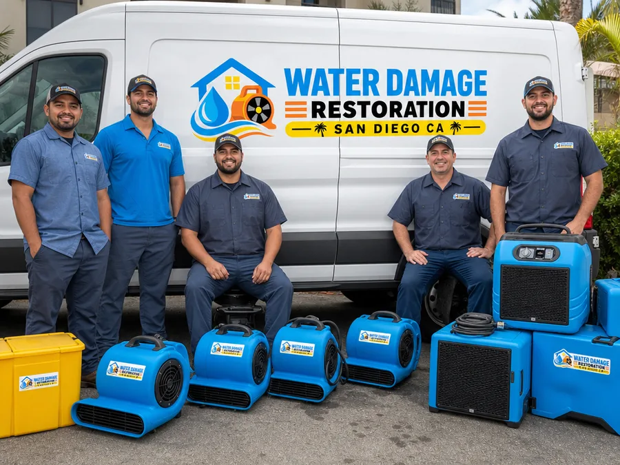 Restoration team members beside a service vehicle with drying equipment staged for a job